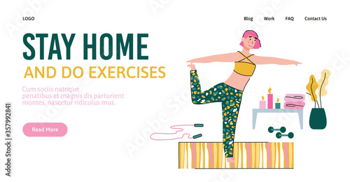 Stay home and do exercises header and woman character training at home in web banner template, vector illustration on white background. Quarantine and stay healthy.