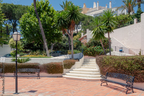 A fragment of a park in a spa town with benches, stairs, a lantern and palm trees, in the background there are buildings.