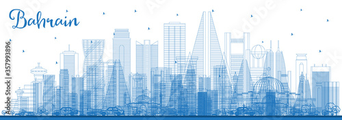 Outline Bahrain City Skyline with Blue Buildings.