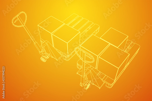 Hand pallet jack lift with pallet and stacked goods cardboard boxes. Manual forklift. Logistics shipping concept. Wireframe low poly mesh vector illustration.