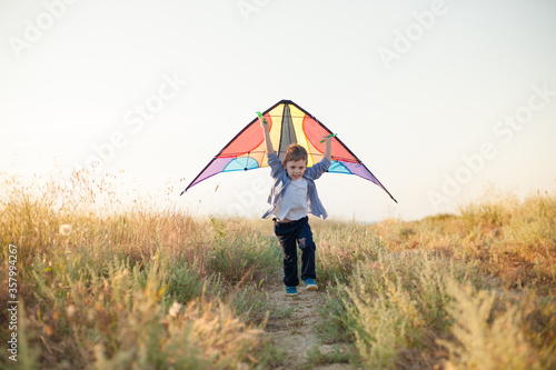 healthy funny little sport kid with colorful kite toy in hands running fast among summer green field with blue sky with copy space behind