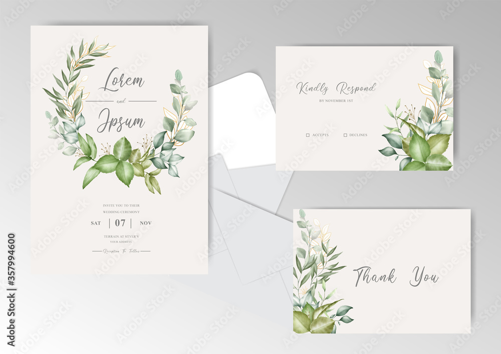 Elegant wedding invitation card with Watercolor and greenery foliage