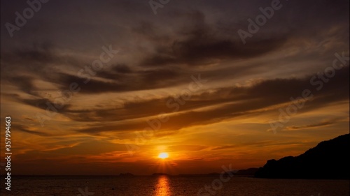 Sunset time above the ocean  water surface at sunset time  nature background static shot