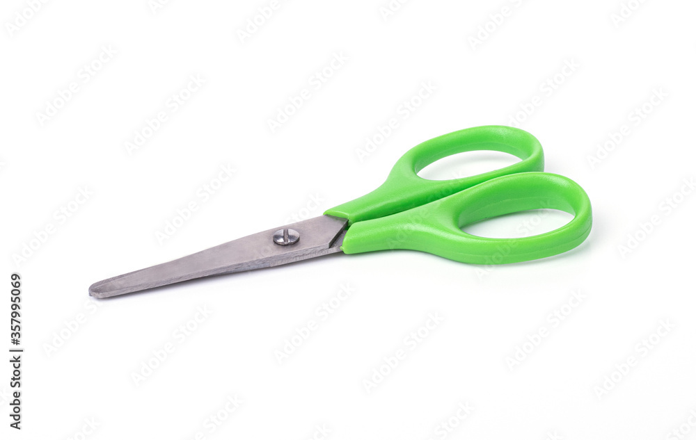 sharp office green paper scissors isolated on a white background. school supplies sharp office green paper scissors isolated on a white background. school supplies