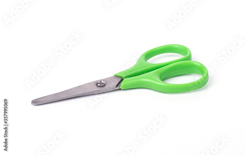 sharp office green paper scissors isolated on a white background. school supplies