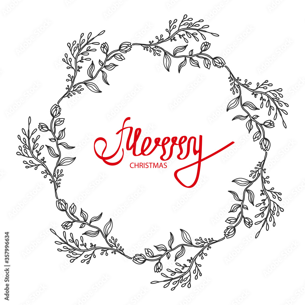 Merry Christmas text decorated with hand drawn branches with red berries. Greeting card design element. Red brush lettering. Vector typography.
