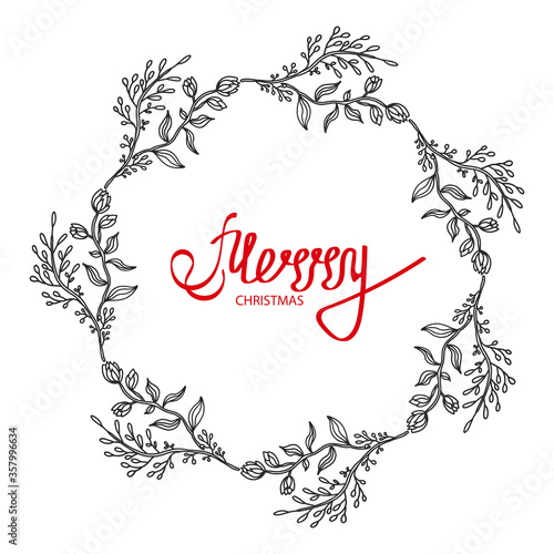Merry Christmas text decorated with hand drawn branches with red berries. Greeting card design element. Red brush lettering. Vector typography.