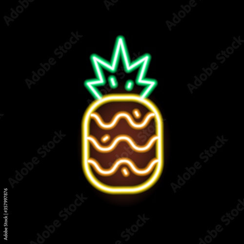 Glowing neon light pineapple shape vector flat illustration. Exotic fruit fashion icon isolated on black. Decorative symbol or trendy design element. Signboard decoration with tropical fruitage