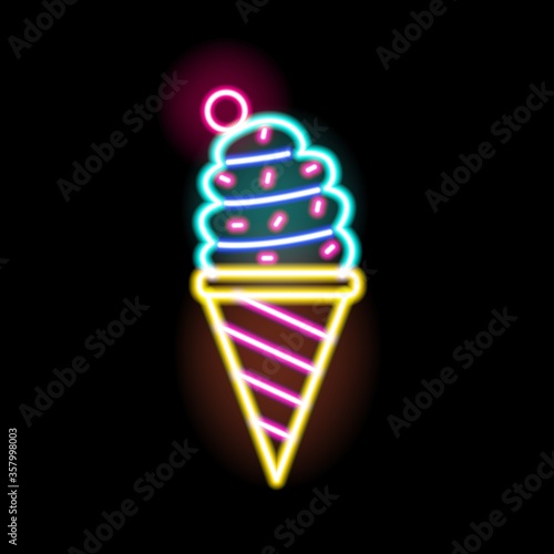 Colorful neon glowing ice cream sign vector flat illustration. Bright sweet d...