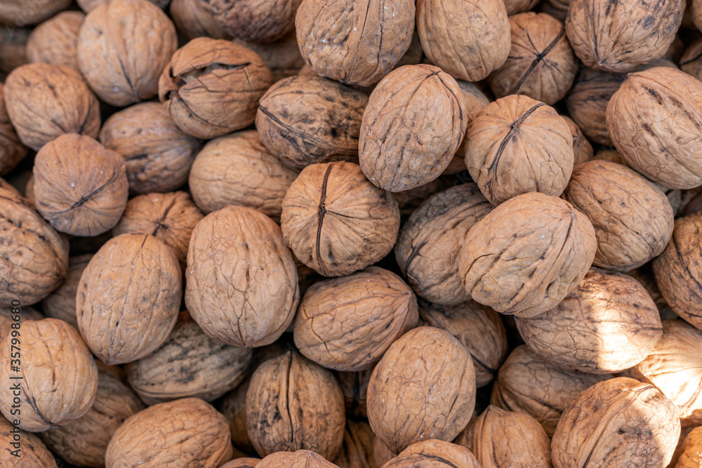 Background of the dried walnuts. Walnut meats are available in two forms; in their shells or shelled. The meats may be whole, halved, or in smaller portions due to processing. Background of the dried walnuts. Walnut meats are available in two forms; in their shells or shelled. The meats may be whole, halved, or in smaller portions due to processing.