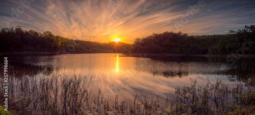 Beautiful Panoramic Lakeside Sunset with Reflections