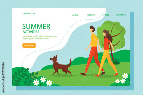 Man and woman walking with a dog in the Park. Cute summer illustration in a flat style. Concept of active outdoor activities. © Uliana Rom