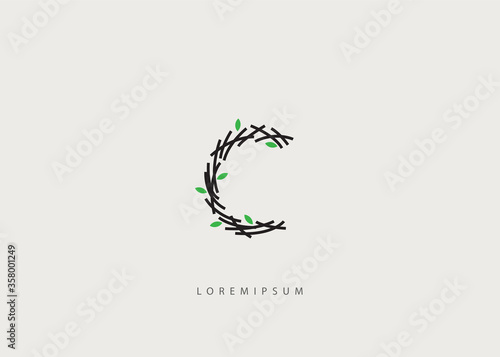 Initial C logo design with bird's nest inspiration, Letter C leaf icon vector.