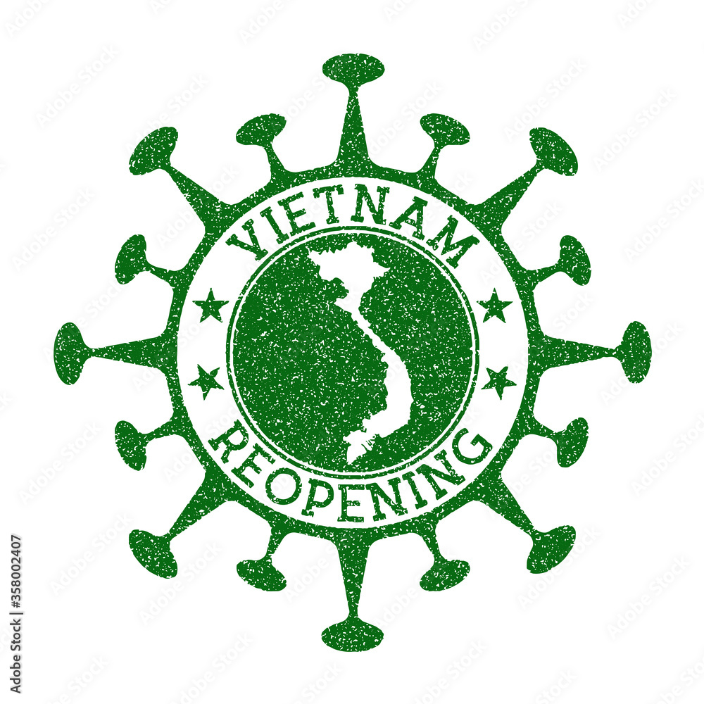Vietnam reopening stamp. Green round badge of country with map of Vietnam. Country opening after lockdown. Vector illustration. Vietnam reopening stamp. Green round badge of country with map of Vietnam. Country opening after lockdown. Vector illustration.