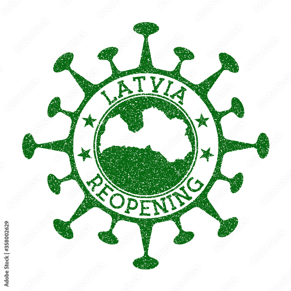 Latvia Reopening Stamp. Green round badge of country with map of Latvia. Country opening after lockdown. Vector illustration.