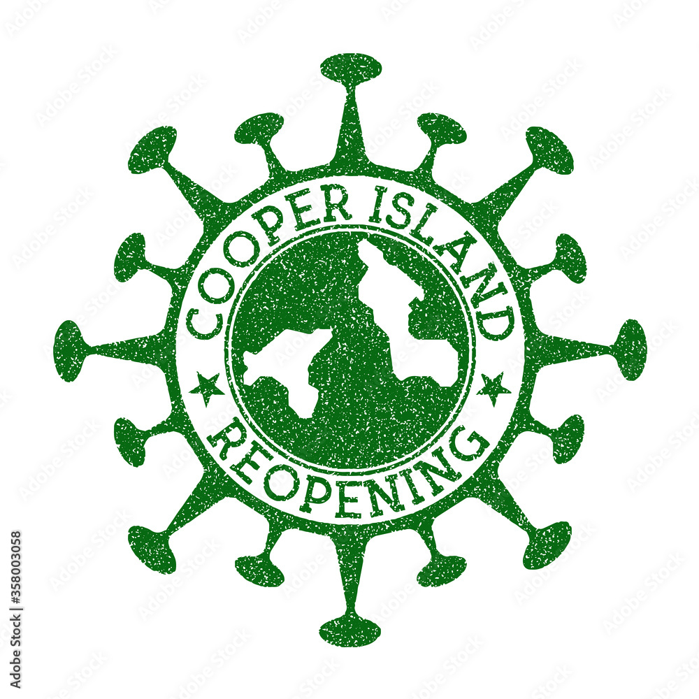 Cooper Island Reopening Stamp. Green round badge of island with map of Cooper Island. Island opening after lockdown. Vector illustration.