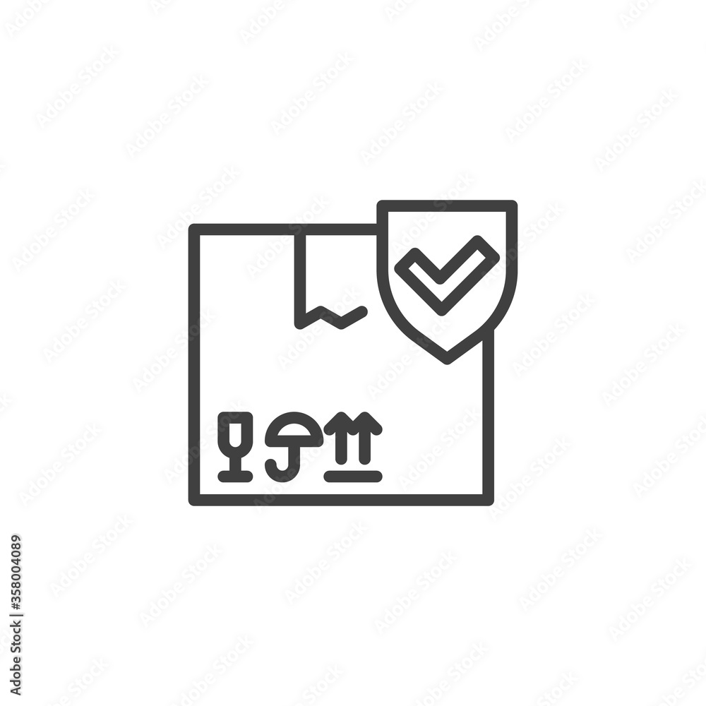 Delivery insurance line icon. Cardboard box and shield linear style sign for mobile concept and web design. Parcel shipping insurance outline vector icon. Symbol, logo illustration. Vector graphics Delivery insurance line icon. Cardboard box and shield linear style sign for mobile concept and web design. Parcel shipping insurance outline vector icon. Symbol, logo illustration. Vector graphics