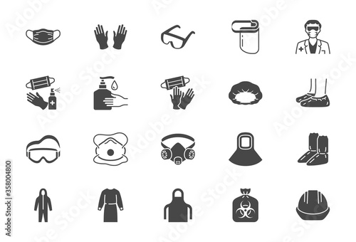 Medical PPE flat icons. Vector illustration included icon as face mask, gloves, doctor gown, hair cover, biohazard waste, respirator N95, shield black silhouette pictogram of protective wear