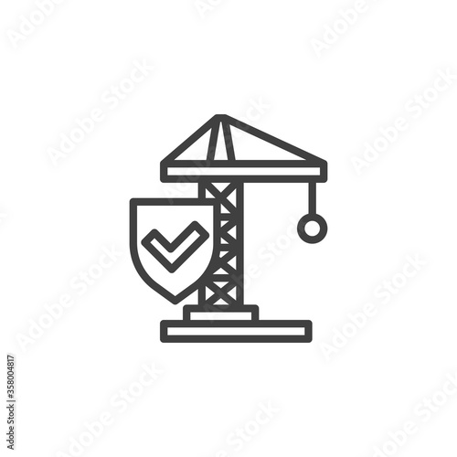 Construction insurance line icon. linear style sign for mobile concept and web design. Construction crane and protection shield outline vector icon. Symbol, logo illustration. Vector graphics © alekseyvanin