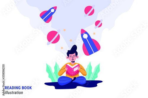 Boy Reading Books. Happy Characters Weekend Sparetime at Home Isolated on White Background. Male Characters Spending Time Relaxing and Read Literature Cartoon Flat Vector Illustration