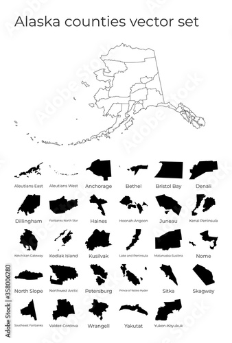 Alaska map with shapes of regions. Blank vector map of the Us State with counties. Borders of the us state for your infographic. Vector illustration.