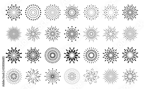 Abstract burst contour pattern fireworks set. Black star shaped firecracker pattern collection isolated on white background. Carnival celebration fireworks explosion, birthday party festive decoration