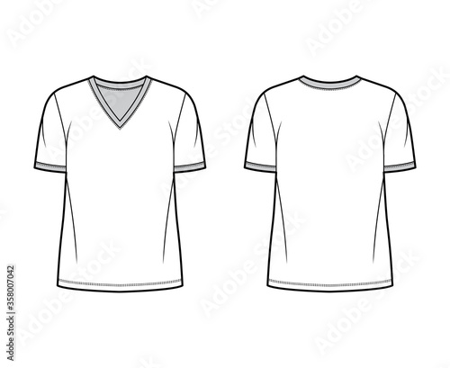 T-shirt technical fashion illustration with V neck, fitted oversized body short sleeves, flat.
