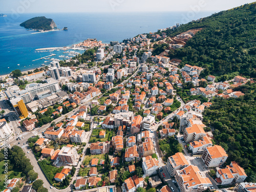The modern city of Budva, from a bird's-eye view, aerial photo from a drone. 
