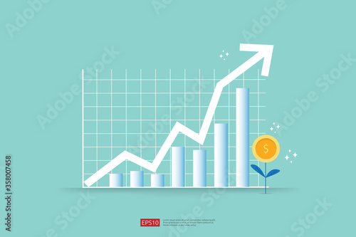 Increase profit sales diagram. business chart growth in flat style design. increasing graph investment revenue with line arrow vector illustration concept to success