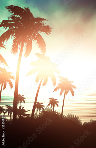 Empty tropical background of night sea beach. Silhouettes of tropical palm trees on a background of bright sunset. 3d illustration