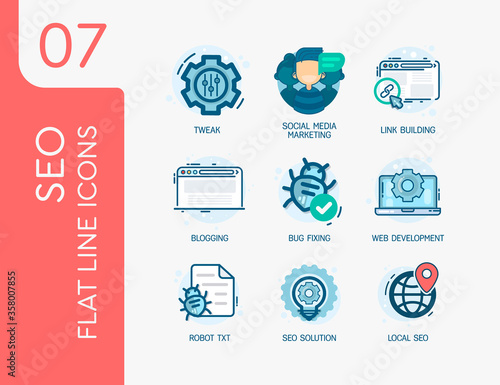 SEO. Set 7. Vector modern flat line design illustration icons