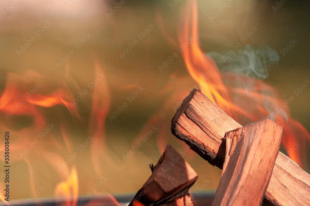 Fototapeta premium Barbecue Grill. Fire flame on green grass background. Barbecue Grill with Fire on Open Air.