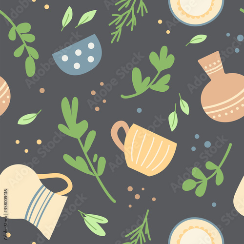 Seamless pattern with cute home ceramic dishes and herbs.