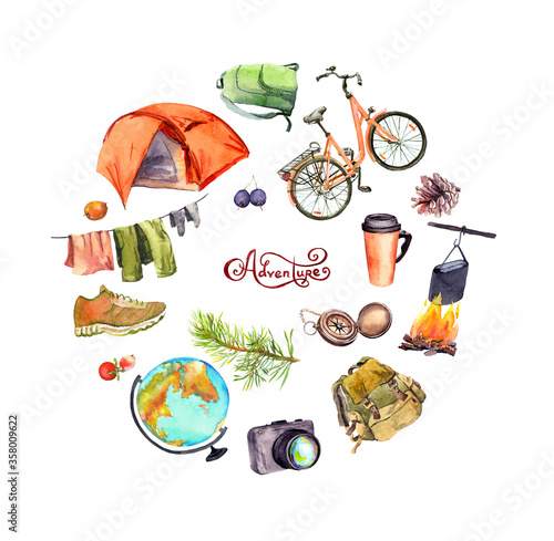 Travel design, tourist poster. Tent, camp fire, pot, cup, compass, bicycle, backpack, other touristic elements. Hand painted watercolor with text Adventure