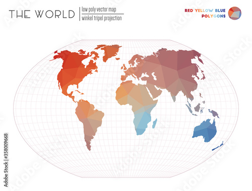 World map with vibrant triangles. Winkel tripel projection of the world. Red Yellow Blue colored polygons. Modern vector illustration.