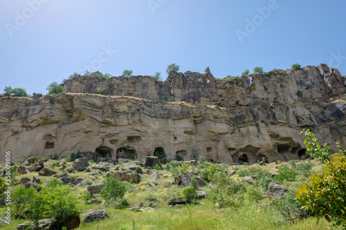 Cave town and rock formations in Zelve valley, Cappadocia, Anatolia, Turkey. Goreme national park.