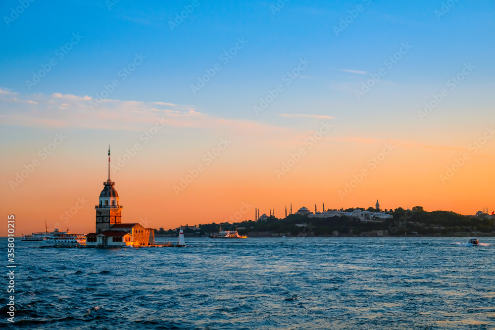 Beautiful sunset over the Maiden’s Tower, Istanbul, Turkey. Eastern travel history city concept