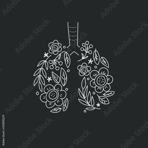 Lungs vector. Human internal organ. Linear doodle style. Ornament of leaves and flowers. Black background