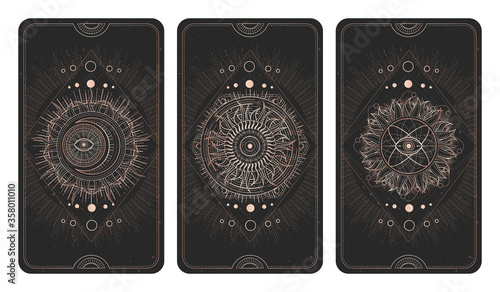 Vector set of three dark illustrations with sacred geometry symbols, grunge textures and frames.