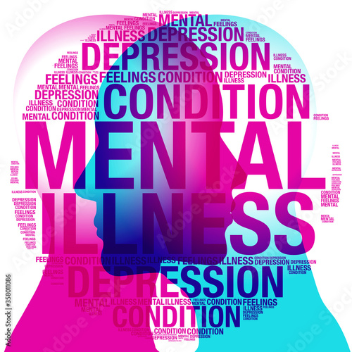 A female and male side silhouette positioned face to face, overlaid with various sized words related to the topic of mental health and depression.