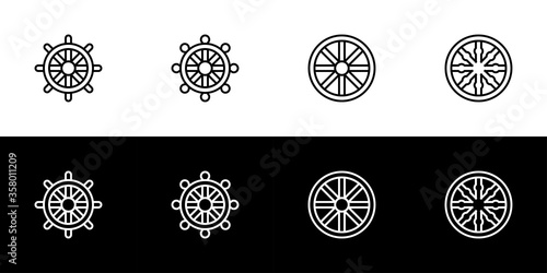 Eight spoked wheel icon set. Flat design icon collection isolated on black and white background. Buddhist symbolism.