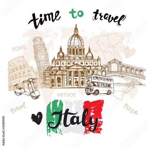Template card with sketch illustration architecture of Italy. Travel set  on a white background