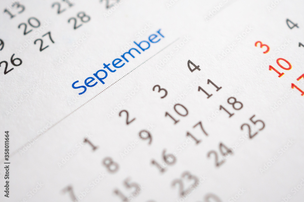 September calendar page with months and dates business planning appointment meeting concept September calendar page with months and dates business planning appointment meeting concept