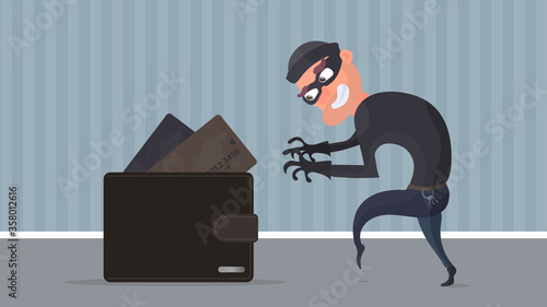 A thief steals a credit card wallet. A criminal steals a man’s wallet. The concept of fraud, fraud and fraud with money. Vector.