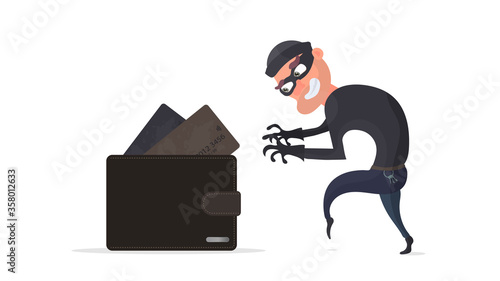 A thief steals a credit card wallet. A criminal steals a man’s wallet. The concept of fraud, fraud and fraud with money. Isolated. Vector.