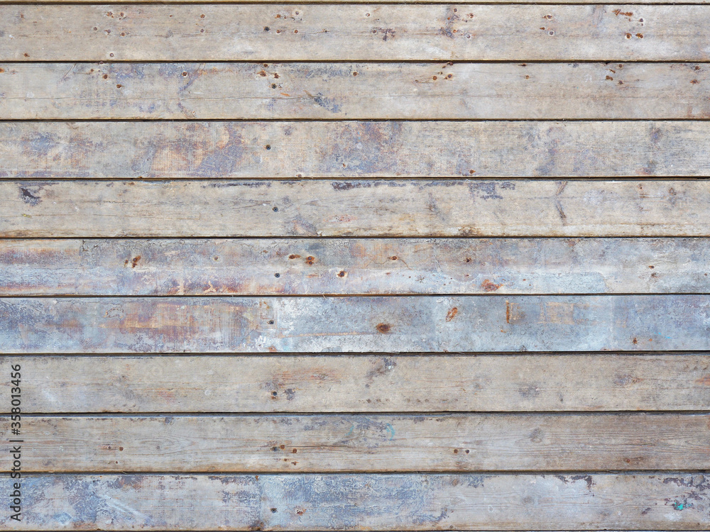 Dirty surface from old unpainted floorboards with stains of rust, paint, engine oil and lime. The boards are laid horizontally. Floor in a dilapidated production room. View from above Dirty surface from old unpainted floorboards with stains of rust, paint, engine oil and lime. The boards are laid horizontally. Floor in a dilapidated production room. View from above