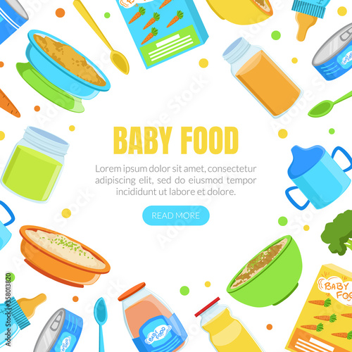 Baby Food Banner Template, Organic Healthy Meal for Toddlers Frame of Round Shape with Space for Text Vector Illustration