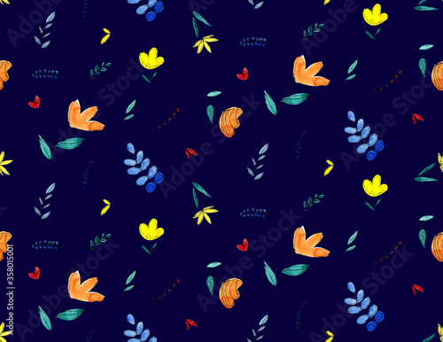 Abstract Watercolor Flowers Leaves and Branches Doodle Sketch Repeating Pattern Isolated Background
