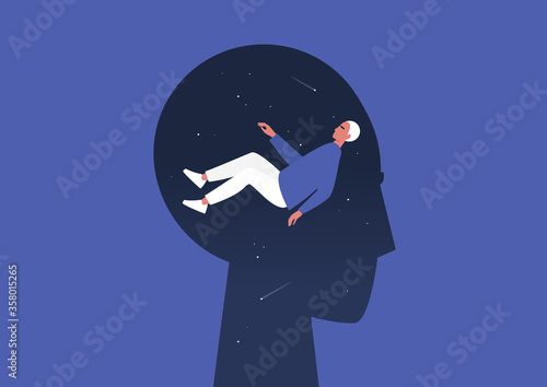 Meditative mind, young male character levitating inside their own head, psychotherapy and balance, focus and meditation, psychedelic experience