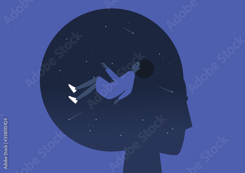 Meditative mind, young black female character levitating inside their own head, psychotherapy and balance, focus and meditation, psychedelic experience